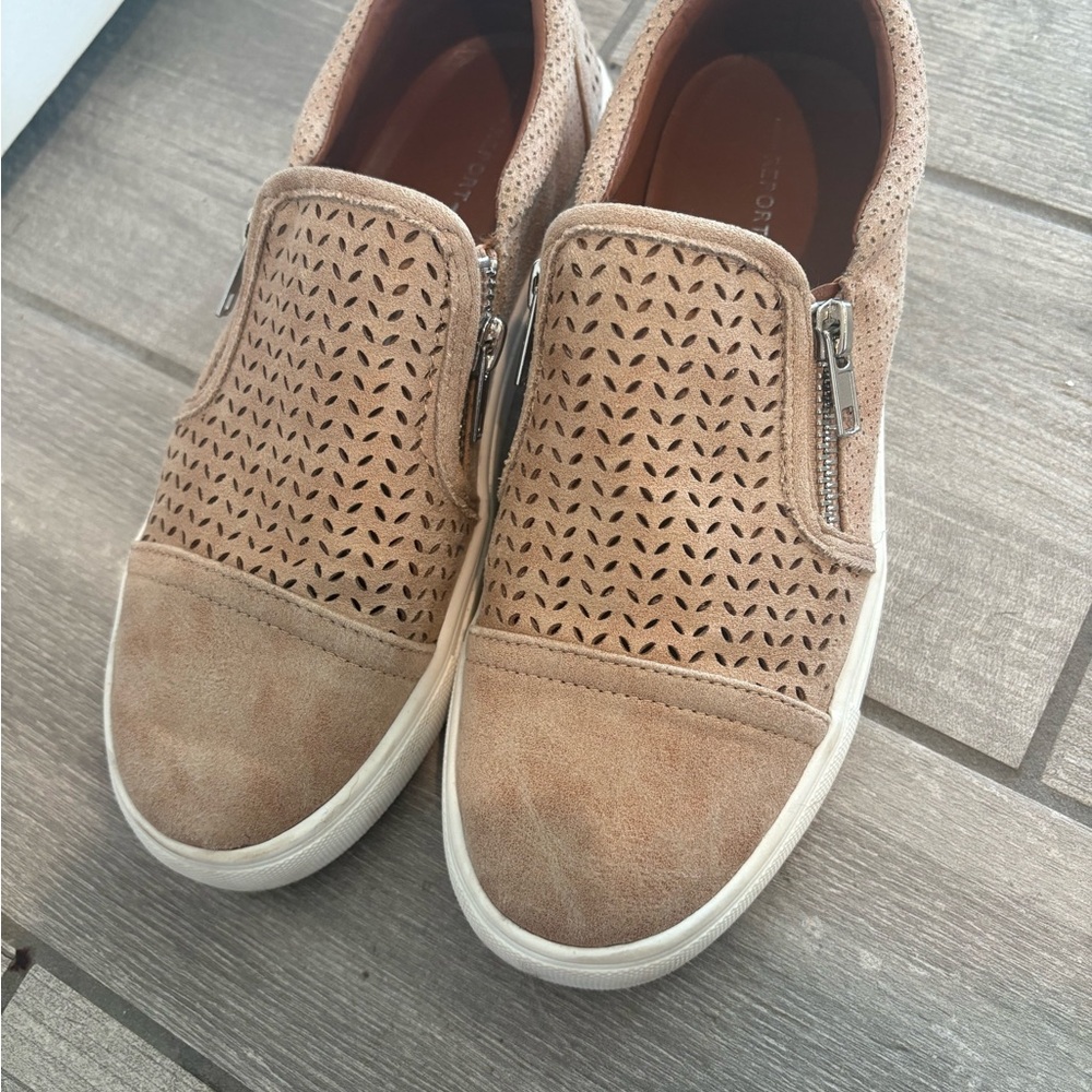 Tan Slip-On Sneakers with Perforated Design